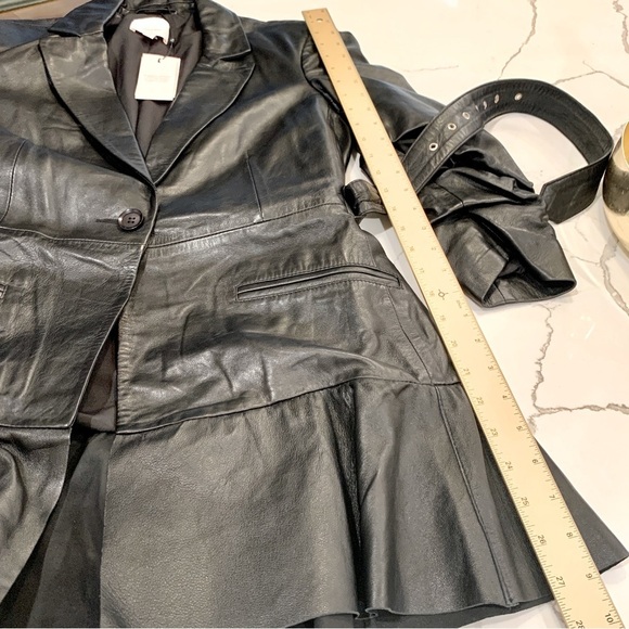 🖤 Cinq a Sept Black Genuine Leather Skirted Ruffle Peplum Belted Blazer Jacket - Picture 9 of 13
